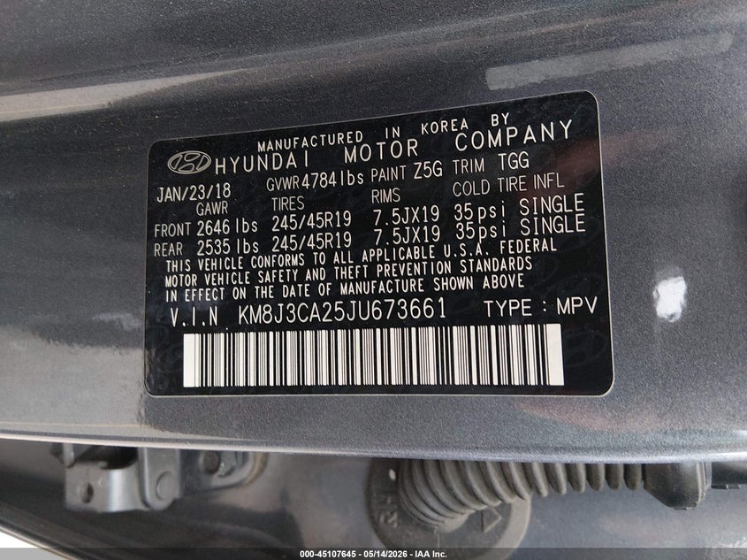 2018 Hyundai Tucson VIN KM8J3CA25JU673661 IAAI salvage auction — FRONT END, Salvage (Colorado), sold $2,250 on 2026-07-28 (photo 9)