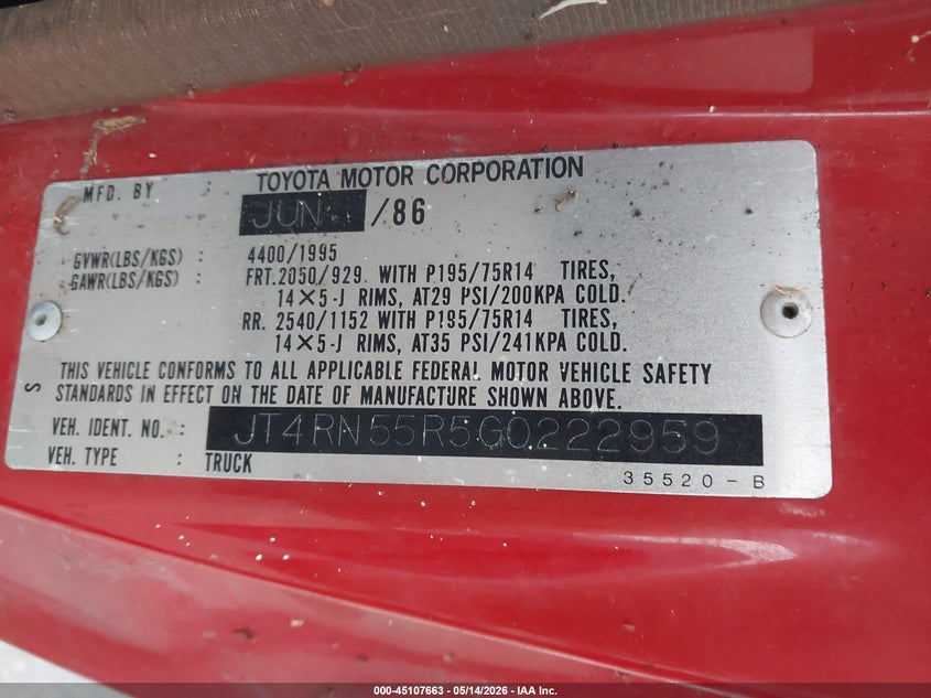 1986 Toyota Pickup VIN JT4RN55R5G0222959 IAAI salvage auction — NORMAL WEAR, Clear - Dealer Only (California), sold $4,300 on 2026-07-16 (photo 9)