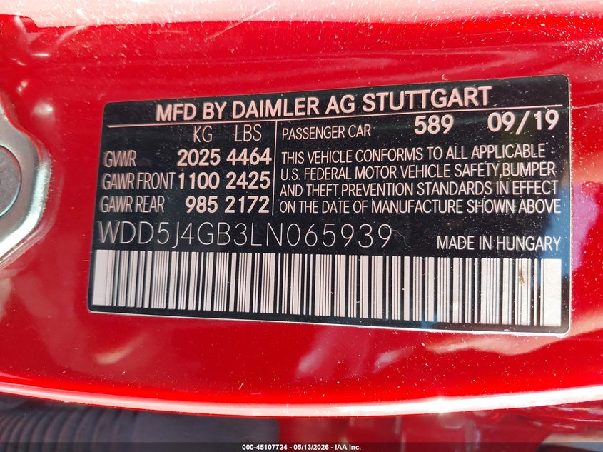 2020 Mercedes-benz Cla-klasse VIN WDD5J4GB3LN065939 IAAI salvage auction — HAIL, Clear (Missouri), sold $8,900 on 2026-07-13 (photo 9)