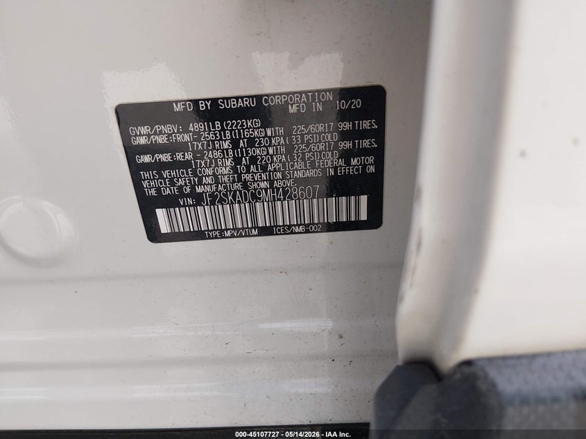 2021 Subaru Forester VIN JF2SKADC9MH428607 IAAI salvage auction — REAR END, Clear (Missouri), sold $3,550 on 2026-07-23 (photo 9)
