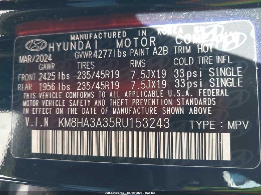 2024 Hyundai Kona VIN KM8HA3A35RU153243 IAAI salvage auction — REAR END, Certificate Of Destruction (Florida), sold $5,000 on 2026-07-30 (photo 9)