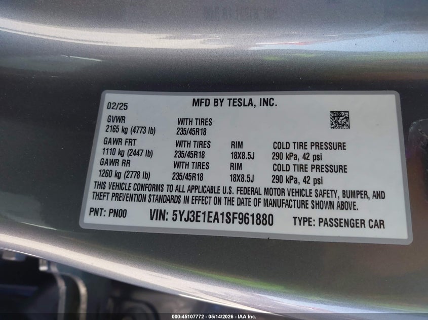 2025 Tesla Model 3 VIN 5YJ3E1EA1SF961880 IAAI salvage auction — ROLLOVER, Non-Repairable (Texas), sold $6,750 on 2026-07-09 (photo 9)