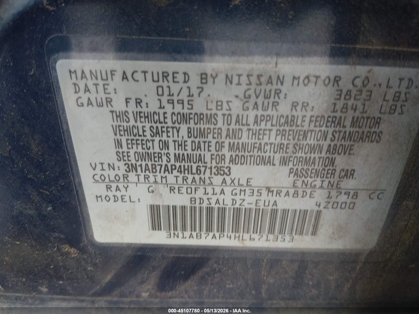 2017 Nissan Sentra VIN 3N1AB7AP4HL671353 IAAI salvage auction — RIGHT SIDE, Salvage (New Jersey), sold $500 on 2026-07-06 (photo 9)