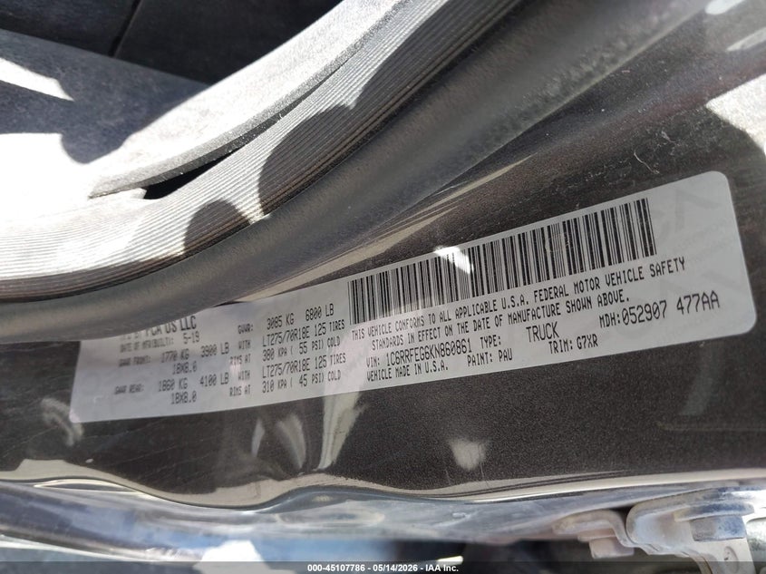 2019 Ram 1500 VIN 1C6RRFEG6KN860861 IAAI salvage auction — LEFT SIDE, Salvage (Texas), sold $7,600 on 2026-07-29 (photo 9)