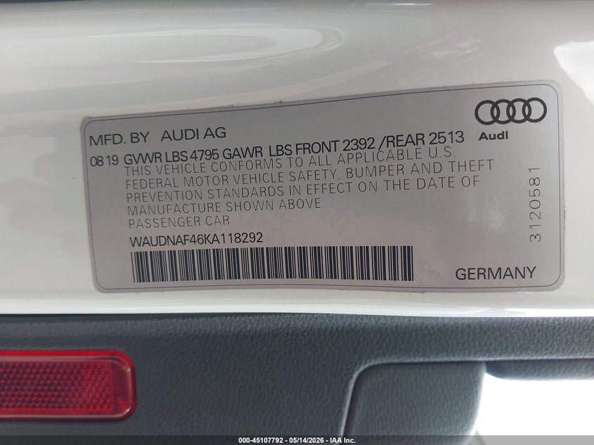 2019 Audi A4 VIN WAUDNAF46KA118292 IAAI salvage auction — FRONT END, Salvage (Ohio), sold $2,250 on 2026-07-27 (photo 9)