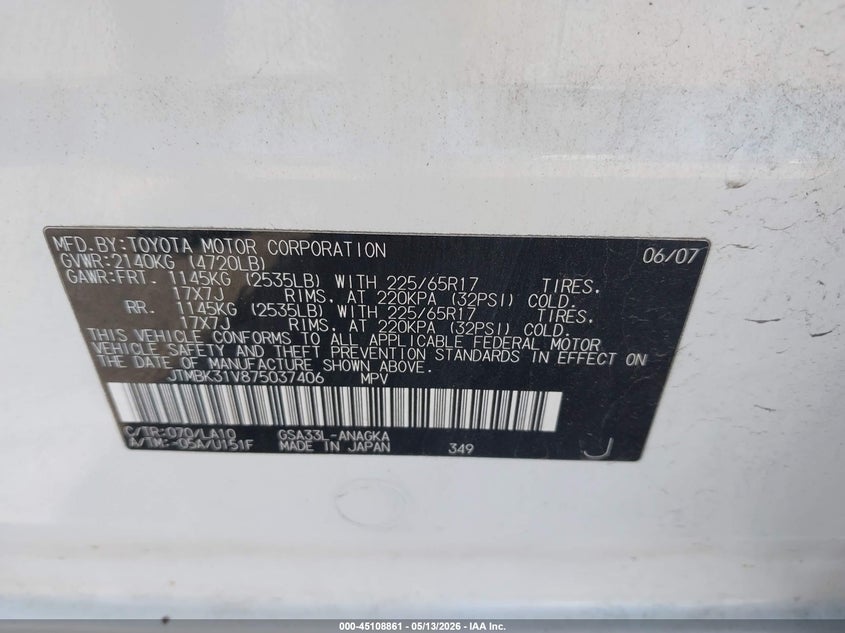 2007 Toyota Rav 4 VIN JTMBK31V875037406 IAAI salvage auction — LEFT REAR, Salvage (Iowa), sold $925 on 2026-07-21 (photo 9)