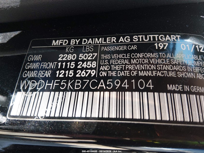 2012 Mercedes-benz E-klasse VIN WDDHF5KB7CA594104 IAAI salvage auction — RIGHT FRONT, Salvage (Tennessee), sold $475 on 2026-07-16 (photo 9)