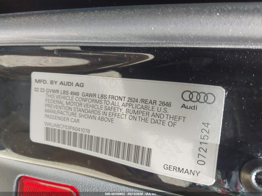 2023 Audi A5 VIN WAUABCF53PA041078 IAAI salvage auction — FRONT & REAR, Salvage (Georgia), sold $1,600 on 2026-07-21 (photo 9)