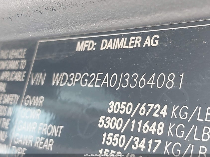 2018 Mercedes-benz Metris VIN WD3PG2EA0J3364081 IAAI salvage auction — FRONT END, Original (Texas), sold $4,250 on 2026-07-15 (photo 9)