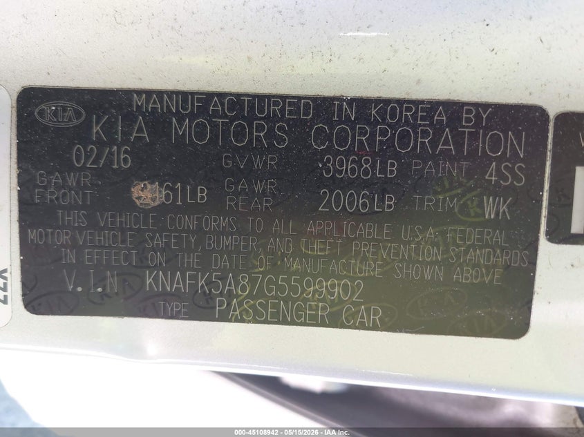 2016 Kia Forte VIN KNAFK5A87G5599902 IAAI salvage auction — LEFT FRONT, Salvage (North Carolina), sold $25 on 2026-07-30 (photo 9)