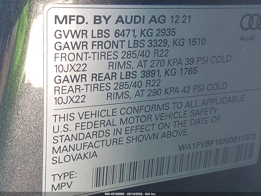 2022 Audi Q8 VIN WA1FVBF10ND011372 IAAI salvage auction — FRONT END, Original (Texas), sold $27,700 on 2026-07-16 (photo 9)