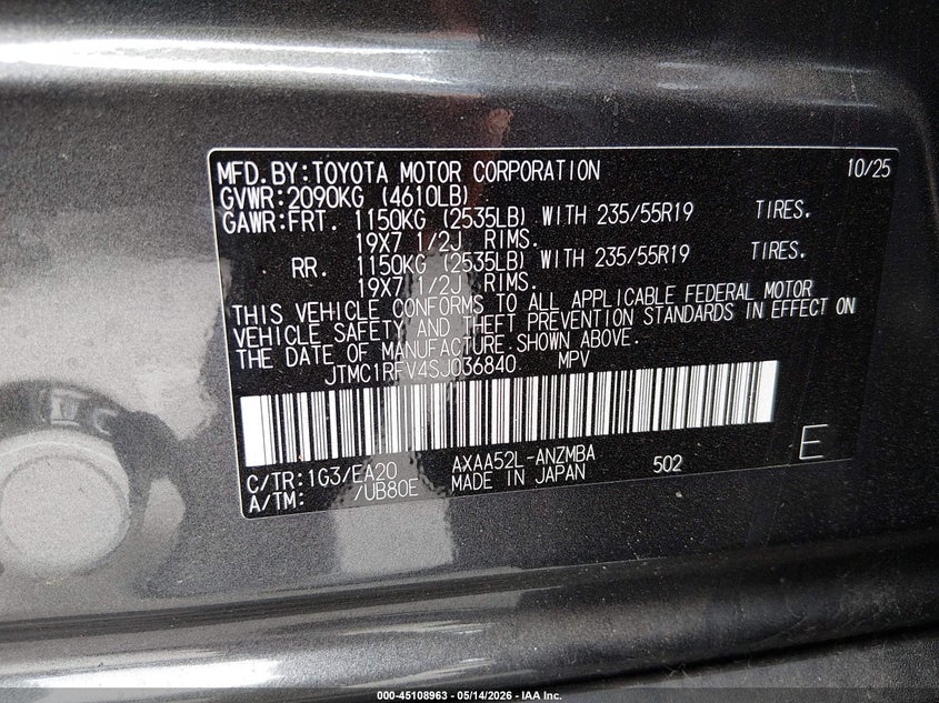 2025 Toyota Rav 4 VIN JTMC1RFV4SJ036840 IAAI salvage auction — FRONT END, Salvage (California), sold $11,050 on 2026-07-23 (photo 9)