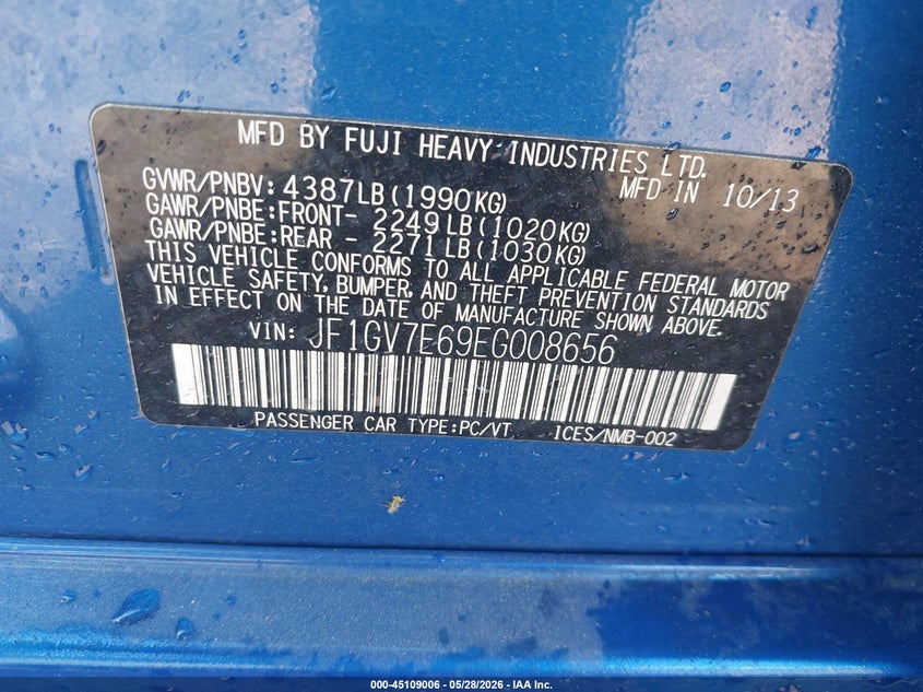 2014 Subaru Impreza wrx VIN JF1GV7E69EG008656 IAAI salvage auction — LEFT FRONT, Salvage (Texas), sold $1,325 on 2026-07-28 (photo 9)