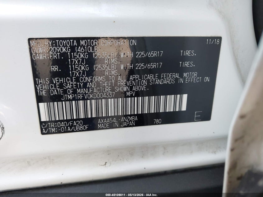 2019 Toyota Rav 4 VIN JTMP1RFV0KD004337 IAAI salvage auction — LEFT FRONT, Bill Of Sale (Washington), sold $75 on 2026-07-21 (photo 9)