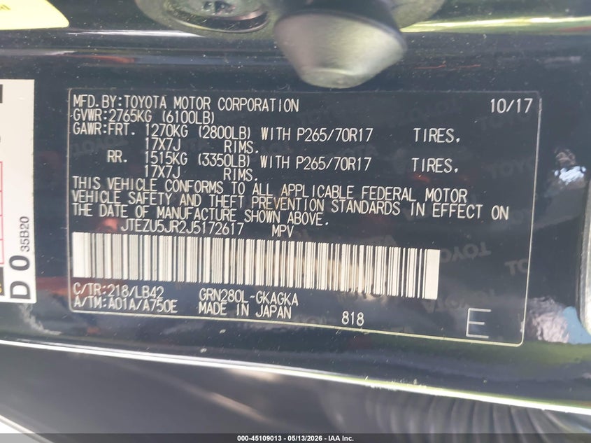 2018 Toyota 4runner VIN JTEZU5JR2J5172617 IAAI salvage auction — FRONT END, Original (Texas), sold $13,600 on 2026-07-08 (photo 9)