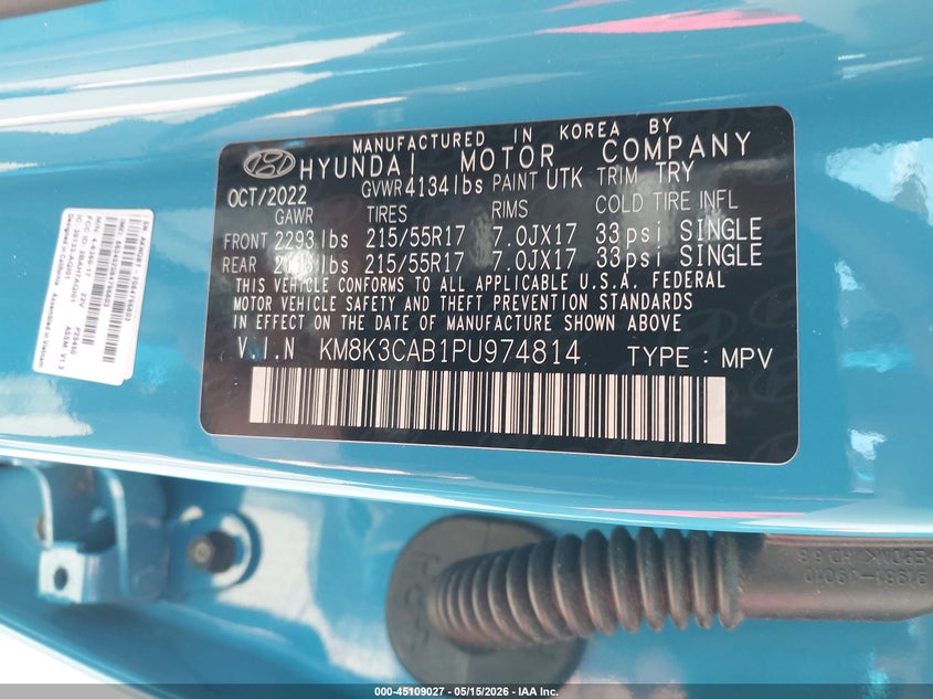 2023 Hyundai Kona VIN KM8K3CAB1PU974814 IAAI salvage auction — HAIL, Salvage (Pennsylvania), sold $9,650 on 2026-07-07 (photo 9)