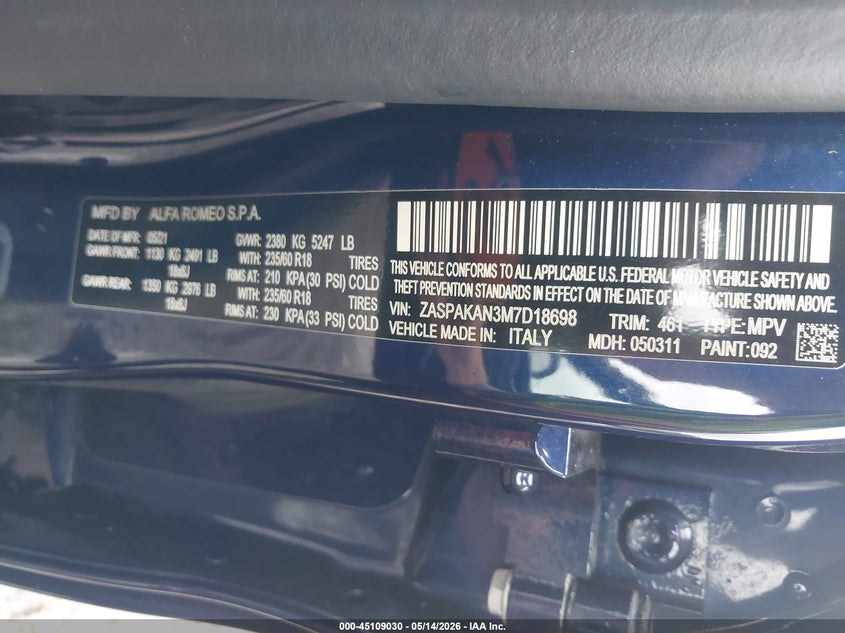 2021 Alfa romeo Stelvio VIN ZASPAKAN3M7D18698 IAAI salvage auction — LEFT FRONT, Mv-907A (New York), sold $3,800 on 2026-07-07 (photo 9)