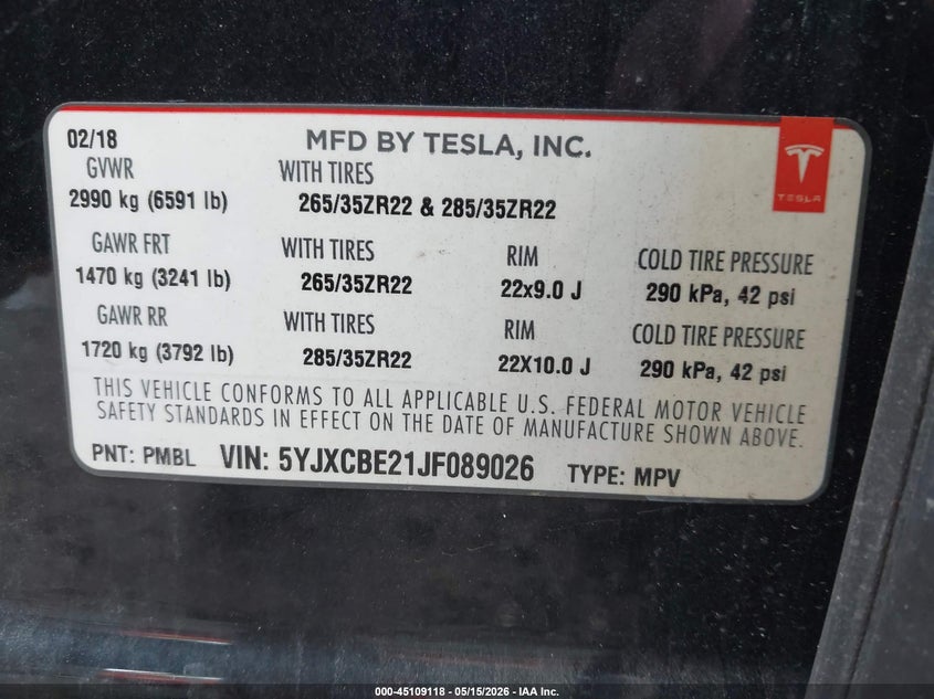 2018 Tesla Model x VIN 5YJXCBE21JF089026 IAAI salvage auction — FRONT END, Salvage (Pennsylvania), sold $8,400 on 2026-07-23 (photo 9)