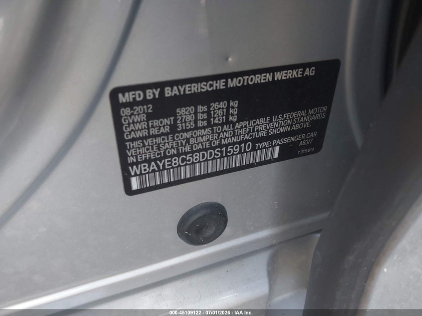 2013 BMW 7 series VIN WBAYE8C58DDS15910 IAAI salvage auction — LEFT FRONT, Salvage (Virginia), sold $4,450 on 2026-07-21 (photo 9)