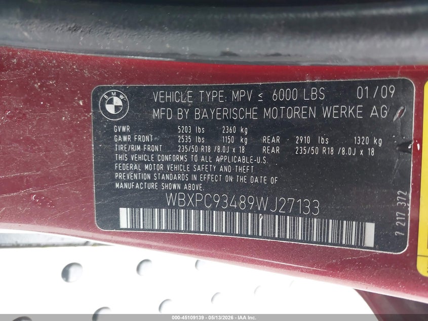 2009 BMW X3 VIN WBXPC93489WJ27133 IAAI salvage auction — BIOHAZARD/CHEMICAL, Salvage (Texas), sold $325 on 2026-07-16 (photo 9)