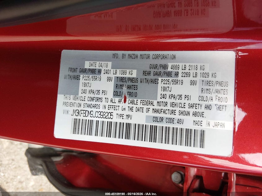2018 Mazda Cx-5 VIN JM3KFBDM9J0398205 IAAI salvage auction — HAIL, Clear (Missouri), sold $7,700 on 2026-07-13 (photo 9)