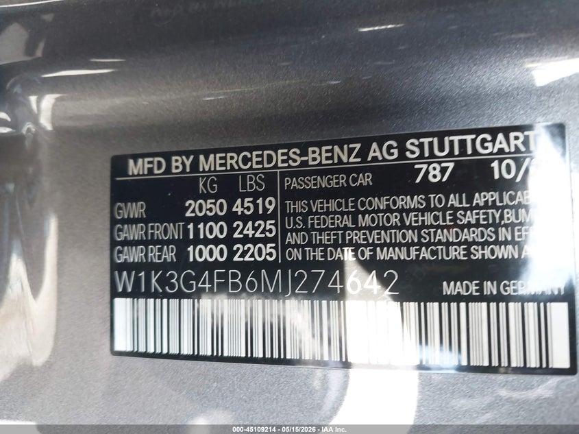 2021 Mercedes-benz A-klasse VIN W1K3G4FB6MJ274642 IAAI salvage auction — FRONT END, Salvage (Illinois), sold $6,300 on 2026-07-14 (photo 9)