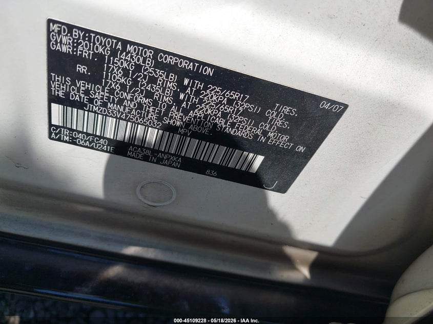 2007 Toyota Rav4 VIN JTMZD33V475065032 IAAI salvage auction — FRONT END, Salvage (Idaho), sold $425 on 2026-07-21 (photo 9)