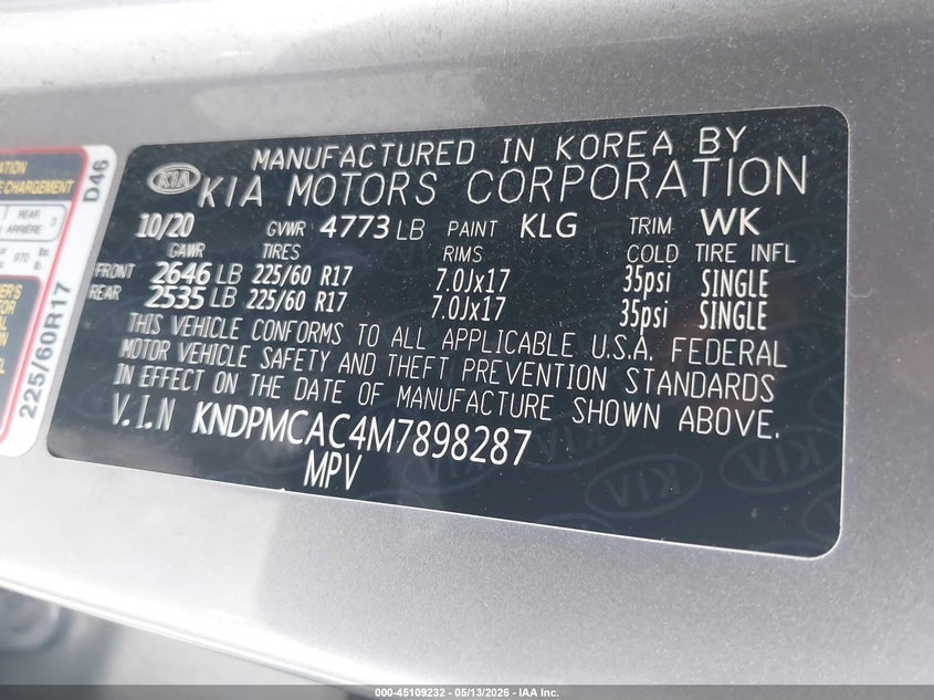 2021 Kia Sportage VIN KNDPMCAC4M7898287 IAAI salvage auction — SIDE, Salvage Title, sold $3,100 on 2026-07-22 (photo 9)