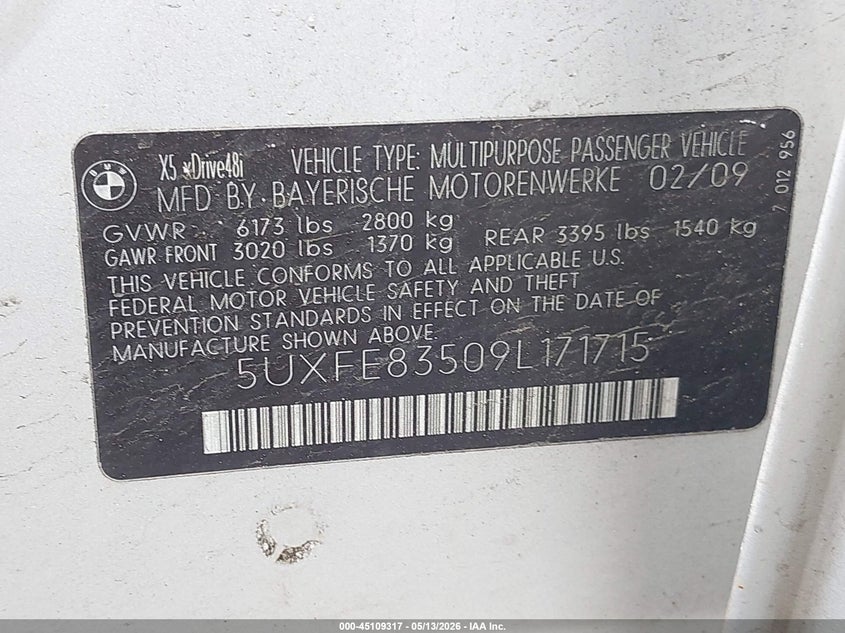 2009 BMW X5 VIN 5UXFE83509L171715 IAAI salvage auction — NORMAL WEAR, Salvage (Texas), sold $600 on 2026-07-29 (photo 9)