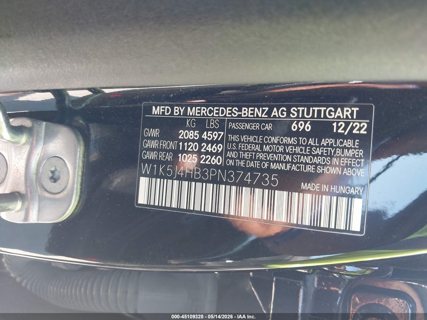 2023 Mercedes-benz VIN W1K5J4HB3PN374735 IAAI salvage auction — FRONT END, Original (Texas), sold $12,800 on 2026-07-24 (photo 9)