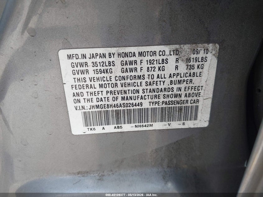 2010 Honda Fit VIN JHMGE8H46AS026449 IAAI salvage auction — NORMAL WEAR, Salvage (Idaho), sold $650 on 2026-07-30 (photo 9)