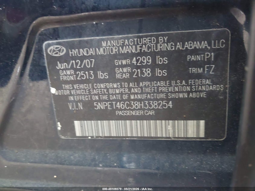 2008 Hyundai Sonata VIN 5NPET46C38H338254 IAAI salvage auction — Burn Engine, Mv-907A (New York), sold $475 on 2026-07-07 (photo 9)