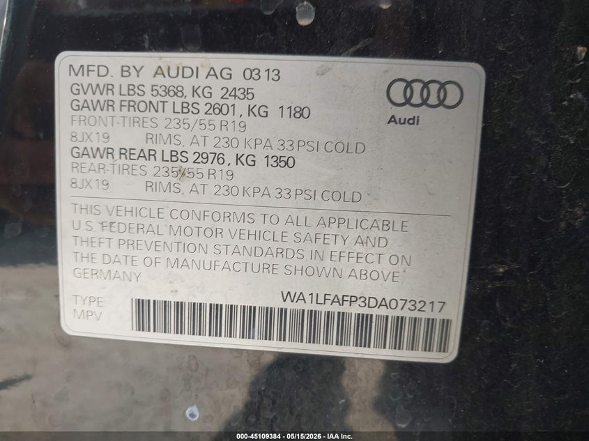 2013 Audi Q5 VIN WA1LFAFP3DA073217 IAAI salvage auction — REAR END, Salvage (California), sold $1,000 on 2026-07-08 (photo 9)