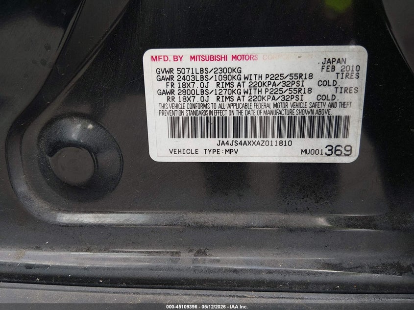 2010 Mitsubishi Outlander VIN JA4JS4AXXAZ011810 IAAI salvage auction — REAR END, Rebuildable (Florida), sold $1,250 on 2026-07-13 (photo 9)