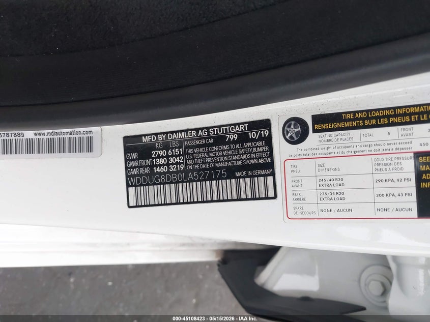 2020 Mercedes-benz S-klasse VIN WDDUG8DB0LA527175 IAAI salvage auction — FRONT END, Salvage Title, sold $19,100 on 2026-08-14 (photo 9)