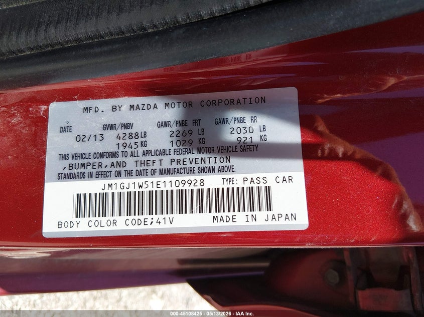 2014 Mazda 6 VIN JM1GJ1W51E1109928 IAAI salvage auction — FRONT & REAR, Salvage (Missouri), sold $875 on 2026-07-16 (photo 9)