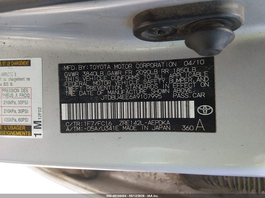 2010 Toyota Corolla VIN JTDBU4EE6A9107995 IAAI salvage auction — NORMAL WEAR, Repossessed (Missouri), sold $1,225 on 2026-07-14 (photo 9)