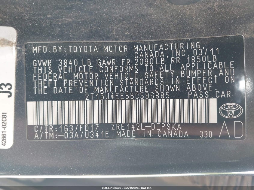 2011 Toyota Corolla VIN 2T1BU4EE5BC596885 IAAI salvage auction — LEFT SIDE, Salvage (Utah), sold $1,800 on 2026-07-09 (photo 9)