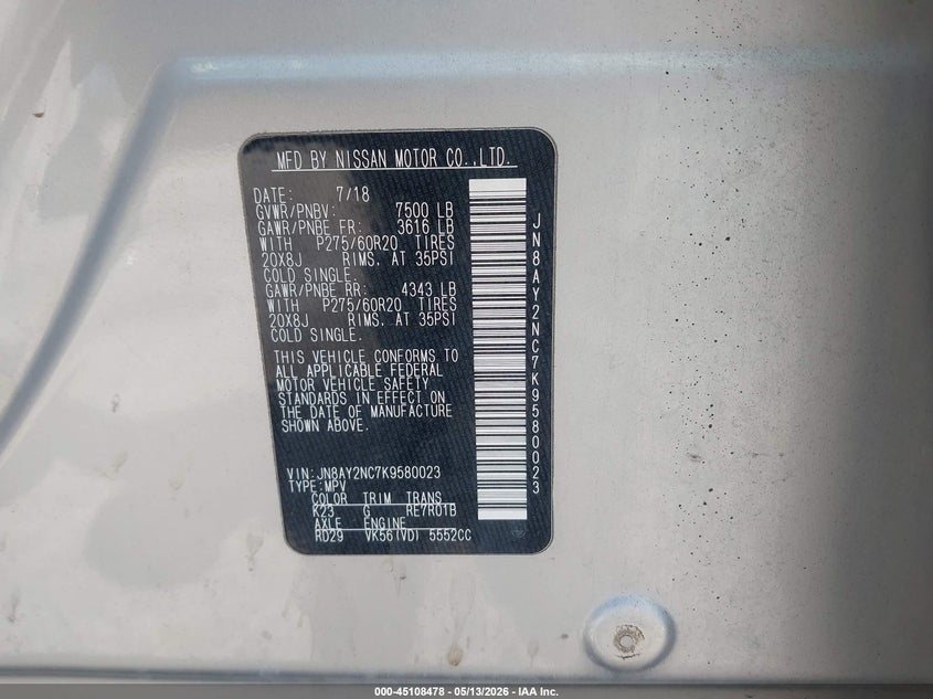 2019 Nissan Armada VIN JN8AY2NC7K9580023 IAAI salvage auction — THEFT, Salvage (Indiana), sold $7,500 on 2026-07-14 (photo 9)