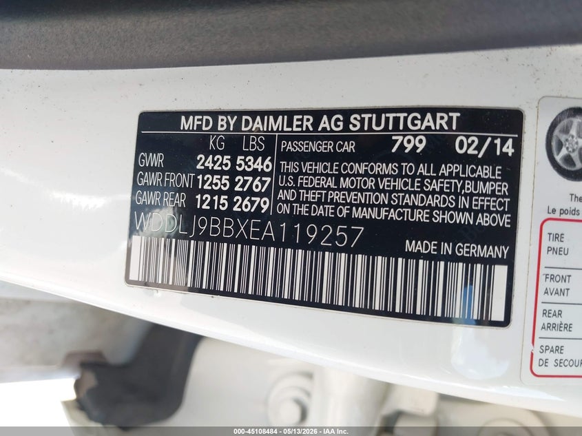 2014 Mercedes-benz VIN WDDLJ9BBXEA119257 IAAI salvage auction — LEFT SIDE, Salvage (Georgia), sold $4,800 on 2026-07-15 (photo 9)