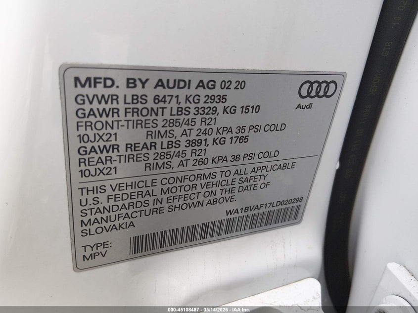2020 Audi Q8 VIN WA1BVAF17LD020298 IAAI salvage auction — SIDE, Salvage (Idaho), sold $16,100 on 2026-07-10 (photo 9)