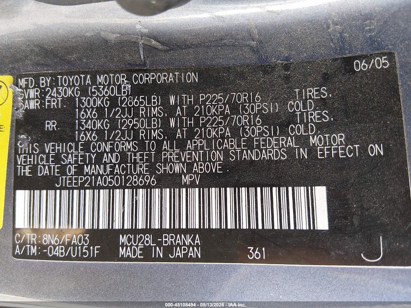 2005 Toyota Highlander VIN JTEEP21A050128696 IAAI salvage auction — FRONT & REAR, Salvage (Kansas), sold $725 on 2026-07-22 (photo 9)