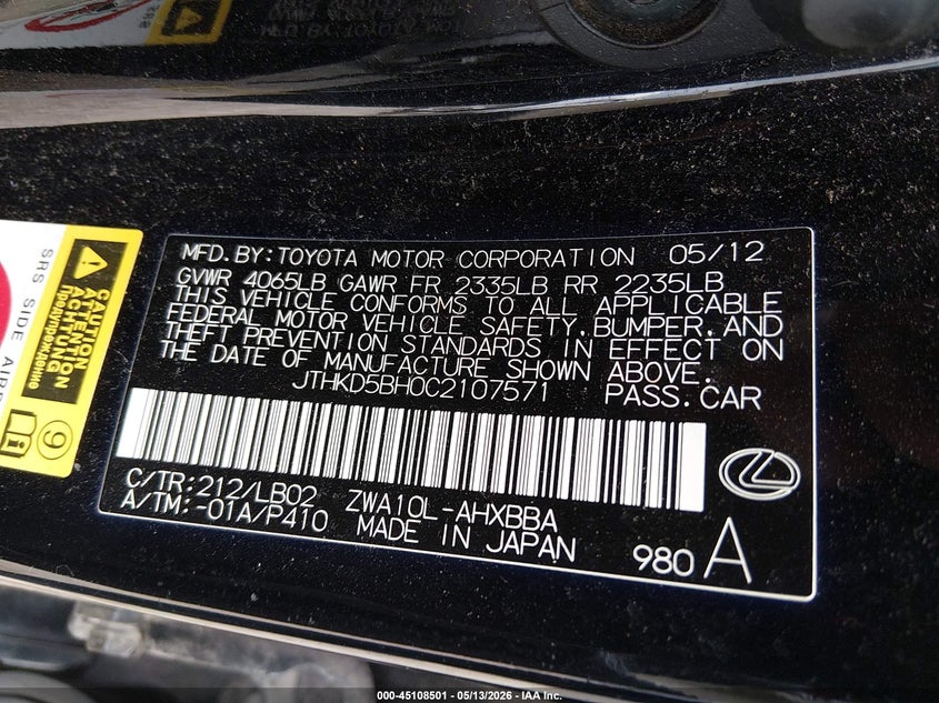 2012 Lexus Ct VIN JTHKD5BH0C2107571 IAAI salvage auction — SIDE, Salvage (Ohio), sold $1,400 on 2026-07-31 (photo 9)