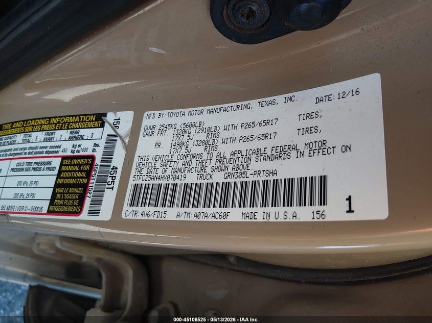 2017 Toyota Tacoma VIN 5TFCZ5AN4HX070419 IAAI salvage auction — FRONT END, Salvage (Mississippi), sold $6,100 on 2026-07-08 (photo 9)