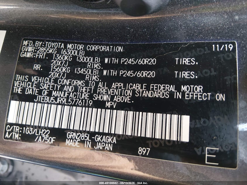 2020 Toyota 4runner VIN JTEBU5JR9L5776119 IAAI salvage auction — FRONT & REAR, Salvage (Ohio), sold $12,275 on 2026-07-16 (photo 9)