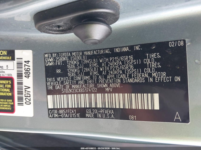 2008 Toyota Sienna VIN 5TDZK23CX8S174122 IAAI salvage auction — SIDE, Clear (Indiana), sold $675 on 2026-07-11 (photo 9)