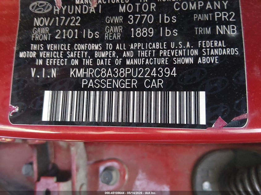2023 Hyundai Venue VIN KMHRC8A38PU224394 IAAI salvage auction — FRONT END, Salvage (South Carolina), sold $1,700 on 2026-07-25 (photo 9)