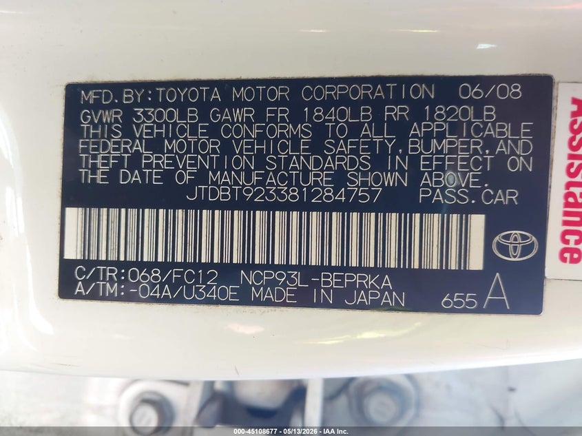 2008 Toyota Yaris VIN JTDBT923381284757 IAAI salvage auction — REAR END, Original (Texas), sold $1,650 on 2026-07-14 (photo 9)