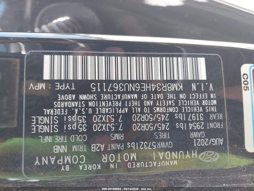 2022 Hyundai Palisade VIN KM8R34HE6NU367115 IAAI salvage auction — REAR END, Salvage Title, sold $8,850 on 2026-08-20 (photo 9)
