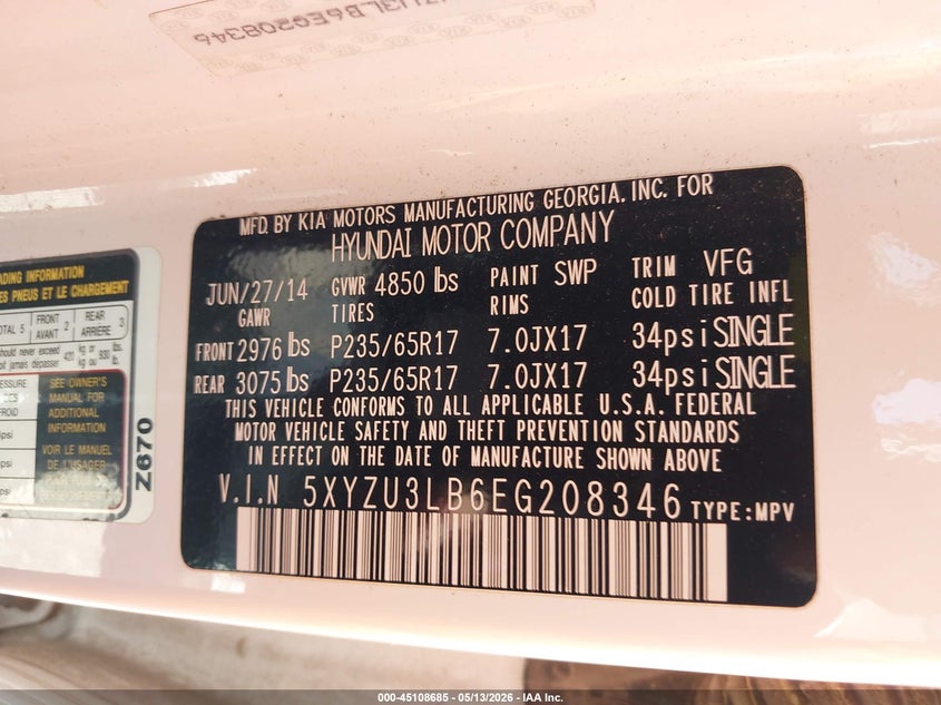 2014 Hyundai Santa fe VIN 5XYZU3LB6EG208346 IAAI salvage auction — FRONT END, Salvage (Missouri), sold $575 on 2026-07-27 (photo 9)